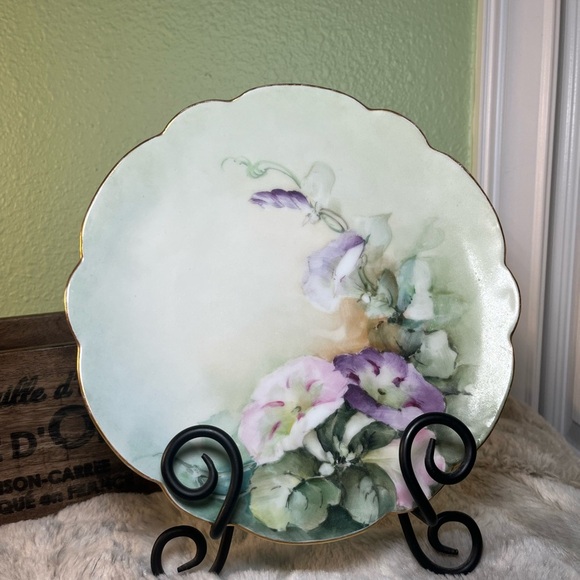 Limoges Hand Painted Pink  Purple Morning Glories & Gold Cake Plate - Picture 1 of 11